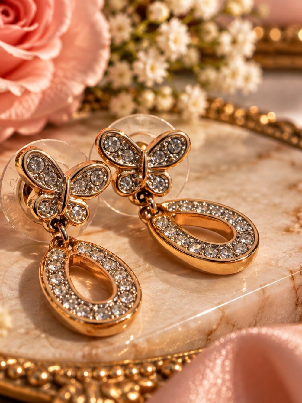 Vintage Rose Gold Tone Butterfly & Teardrop Rhinestone Dangle Earrings